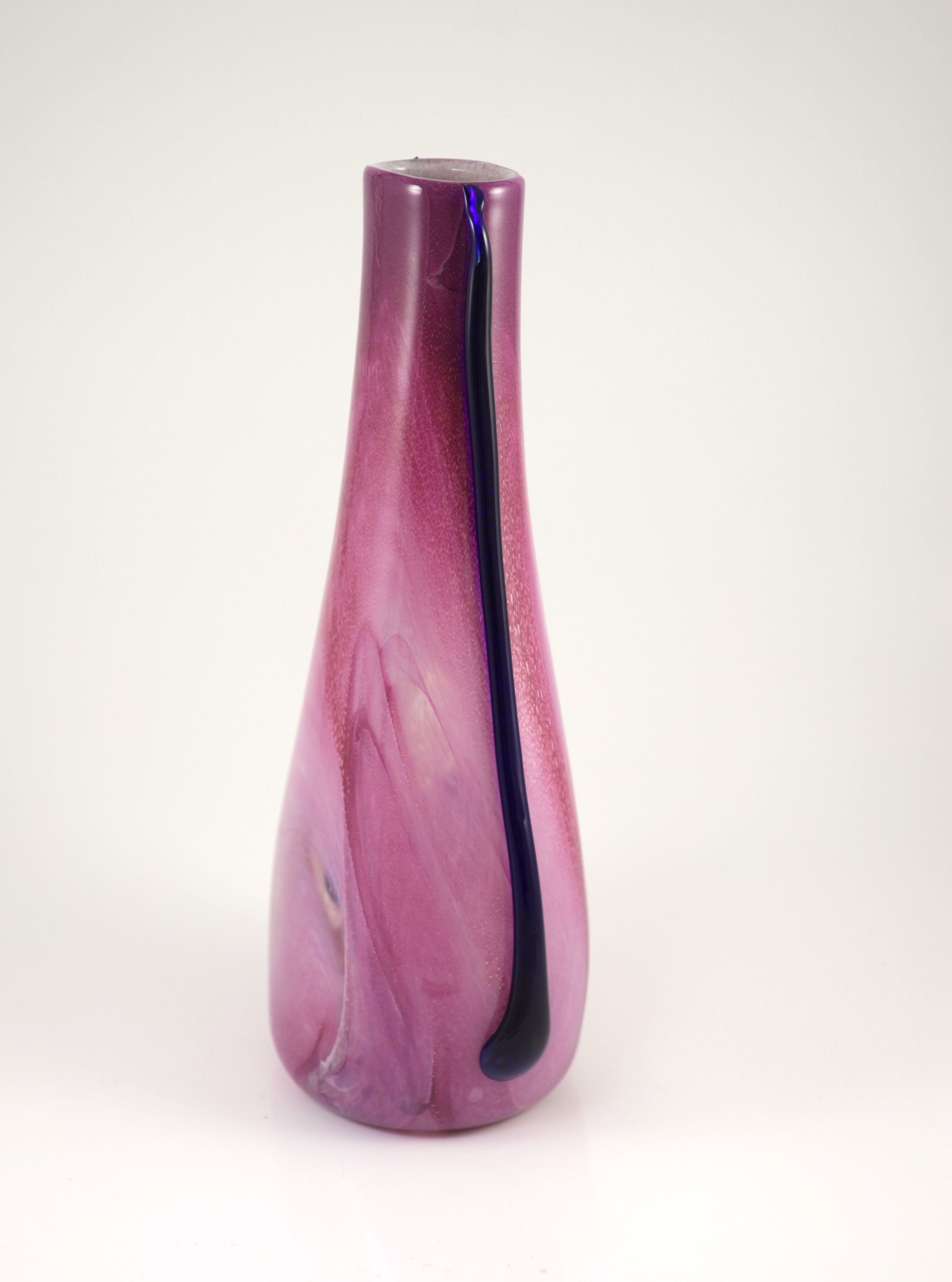 Elizabeth Graydon-Stannus, an unusual mottled pink and purple glass vase, circa 1930, of flattened pear form with applied blue lug handles, etched 'Gray-Stan' to base 44cm high